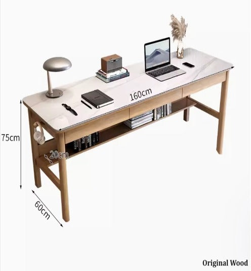 [S06] Minimalist Solid Wood Sintered Stone Slate Table with Drawers