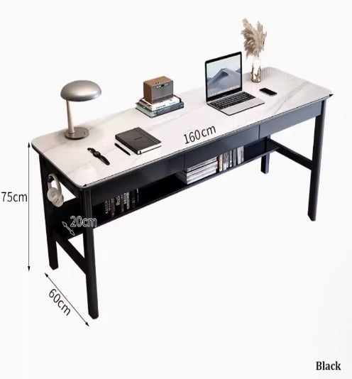 [S06] Minimalist Solid Wood Sintered Stone Slate Table with Drawers