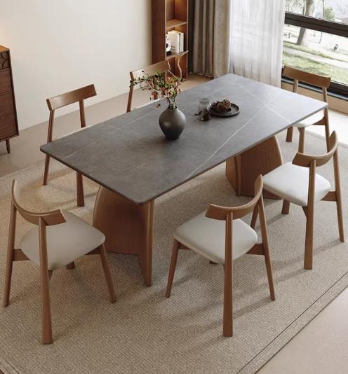 [S45] Retro-Style Solid Wood Dining Table with Sintered Stone Top