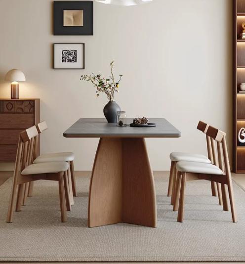 [S45] Retro-Style Solid Wood Dining Table with Sintered Stone Top