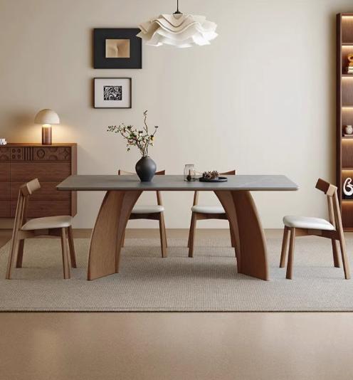 [S45] Retro-Style Solid Wood Dining Table with Sintered Stone Top