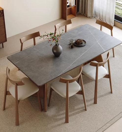 [S45] Retro-Style Solid Wood Dining Table with Sintered Stone Top